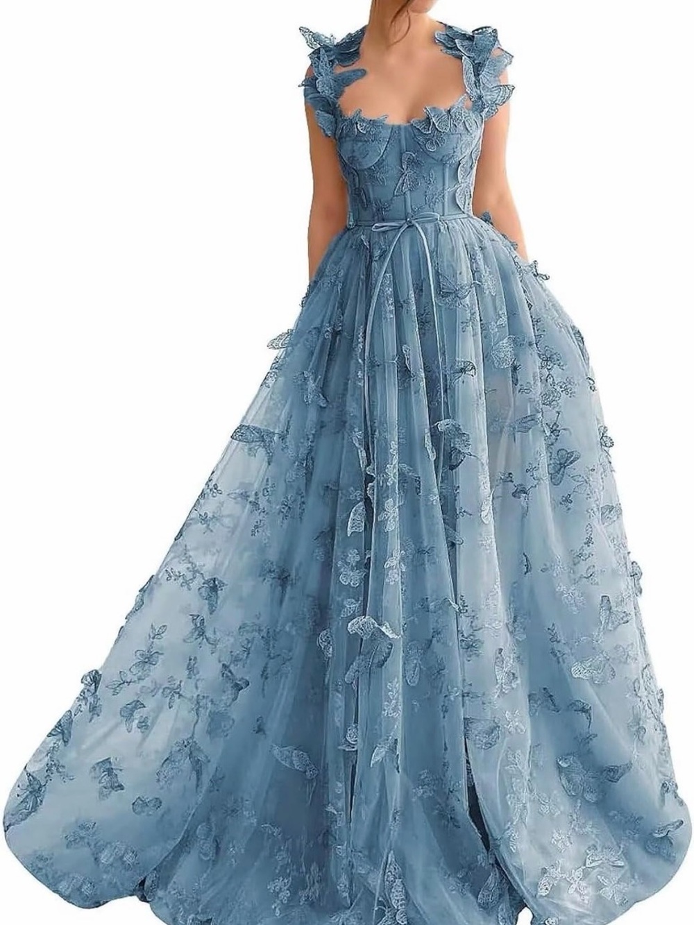 Elegant Blue Lace Applique Evening Gown